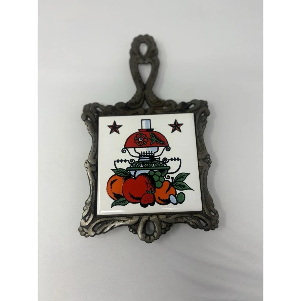 Fruit Lamp Trivet Cast Iron Ceramic Tile Hot Pad Spoon Rest Kitchy Vintage 1970s